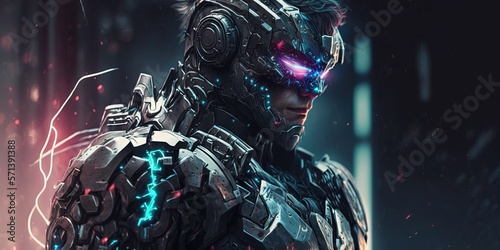 A realistic image of a cybersuit clad sci fi warrior. futuristic, high tech man from the future. cyberpunk and the idea of virtual reality. Illustration. Generative AI