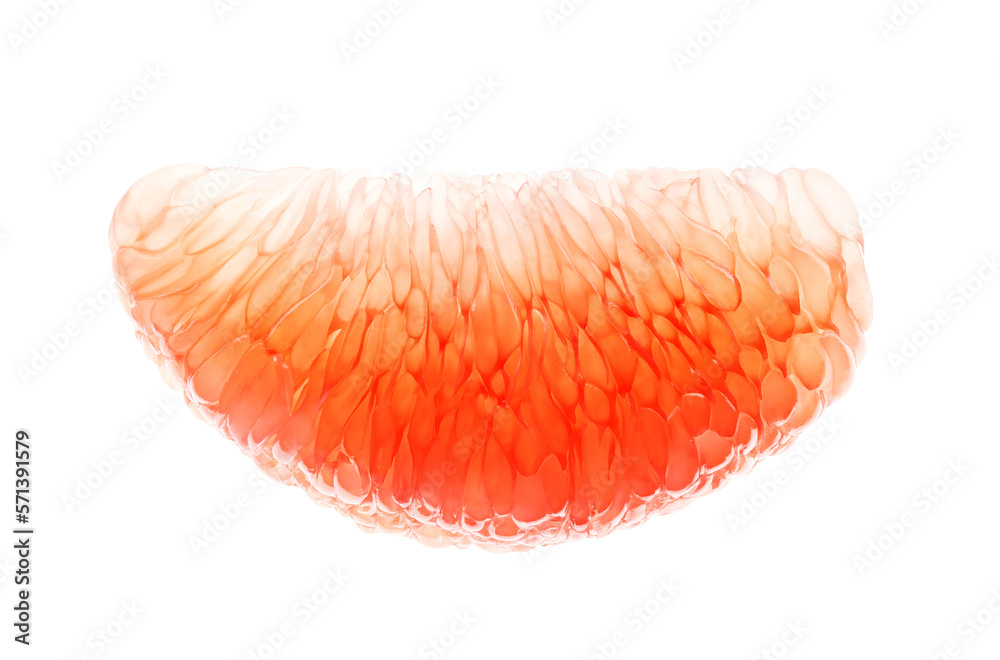Grapefruit whole one slice is peeled, in background light, close-up, red citrus fruit isolated on white background with clipping path Grapefruit whole one slice is peeled, in background light, close-up, red citrus fruit isolated on white background with clipping path