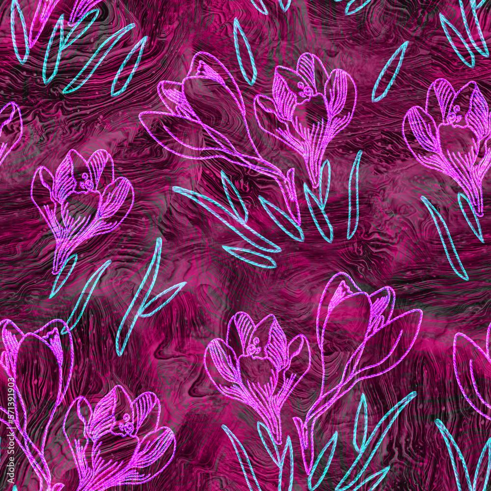 Trendy color viva magenta seamless pattern with crocus flowers in embroidery style. Endless design in handicraft style for bedding, wrapping paper, package, fabric, textile.