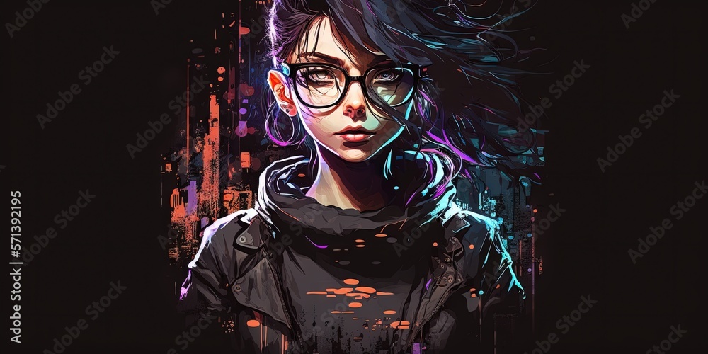 illustration of anime girl with glasses Stock Photo, anime 