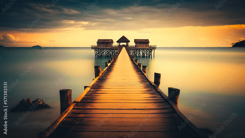 A wooden pier or jetty heading toward the horizon