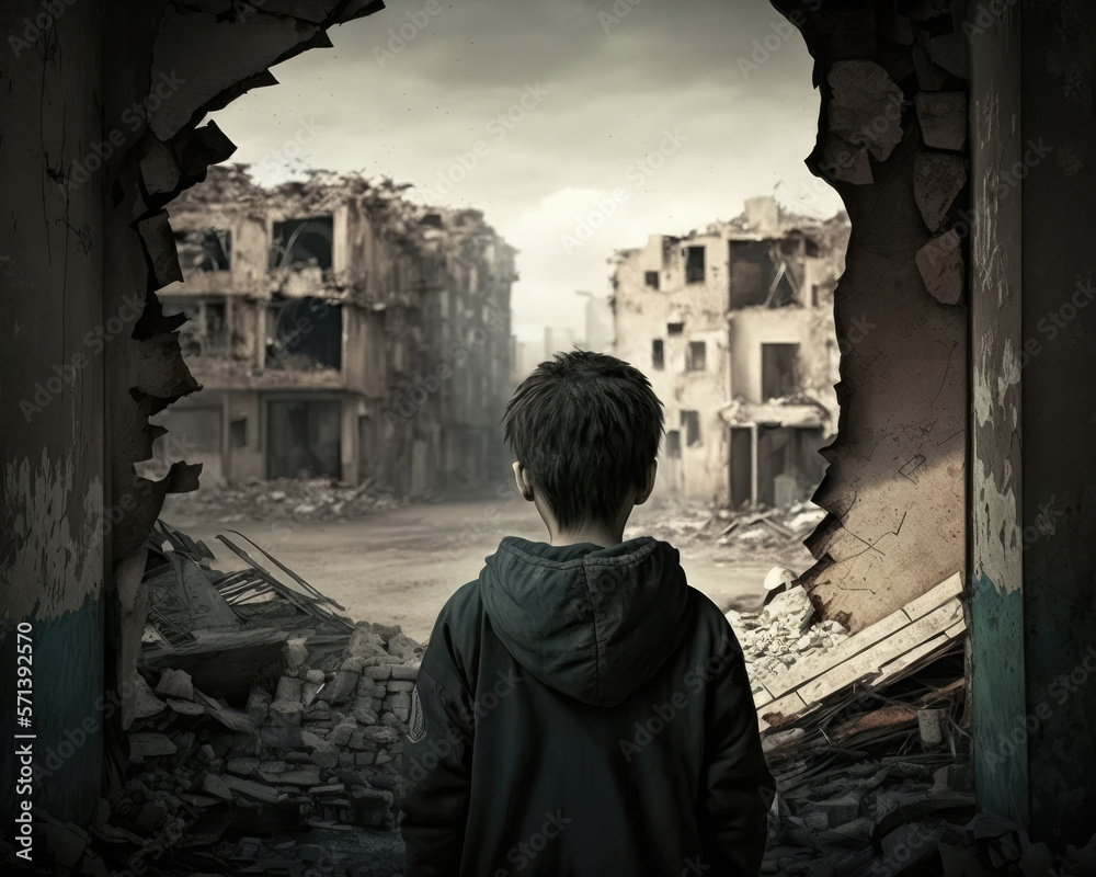 Rear view of a small boy wearing dirty clothes, in the middle of a bombed street, looking at a destroyed city. tragic concept of war. Global crisis. City streets after a rocket explosion Rear view of a small boy wearing dirty clothes, in the middle of a bombed street, looking at a destroyed city. tragic concept of war. Global crisis. City streets after a rocket explosion