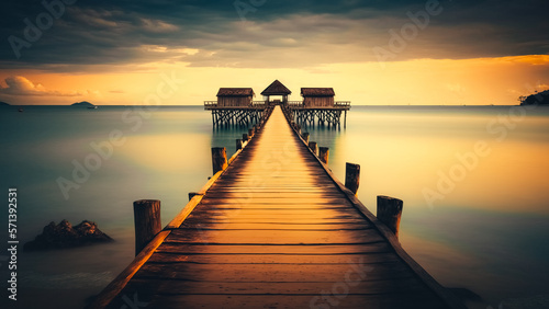 A wooden pier or jetty heading toward the horizon © v.senkiv