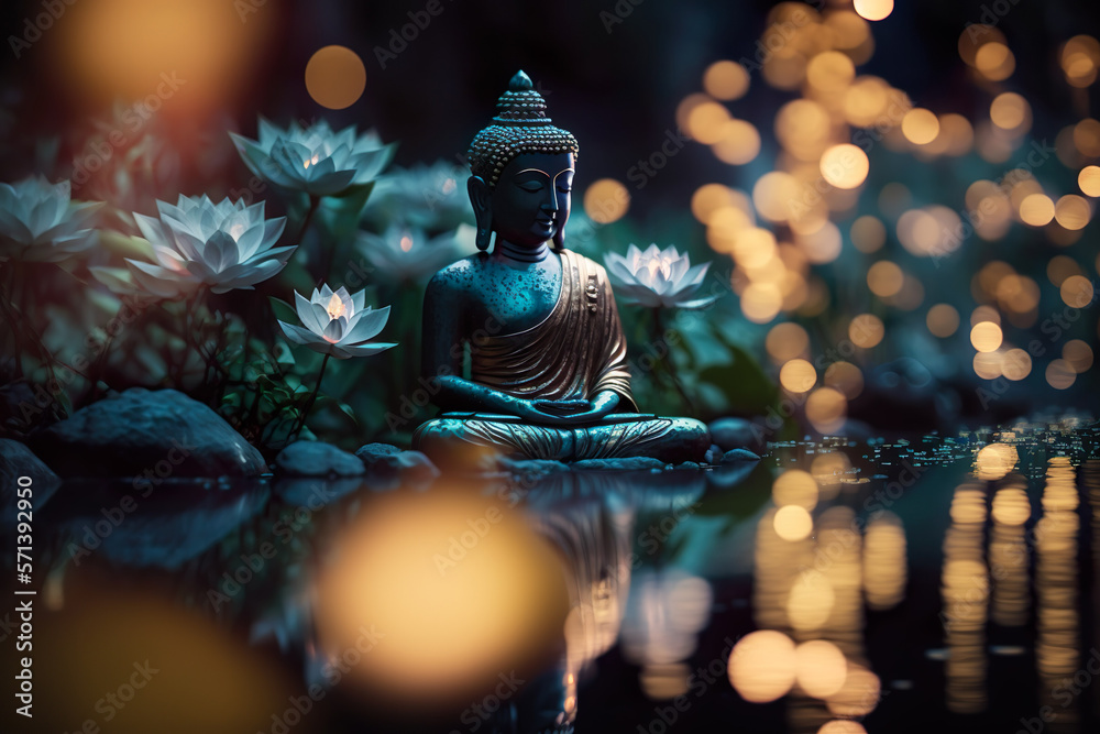 Buddha statue with a lotus flowers floating on the water. Generative Ai. - obrazy, fototapety, plakaty 