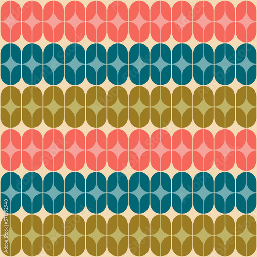 Aesthetic mid century printable seamless pattern with retro design. Decorative 50`s, 60's, 70's style Vintage modern background in minimalist mid century style for fabric, wallpaper or wrapping