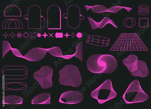 Set of Abstract geometric shapes trending futuristic line design elements, infographic shapes. Modern trendy retro futurism digital vaporwave. Retrofuturistic Vector illustration for UI and UX