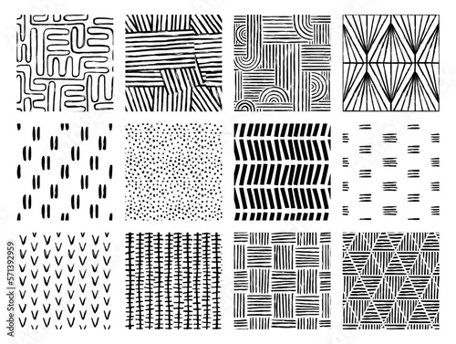 Set of Aesthetic Contemporary printable seamless pattern with abstract Minimal elegant line brush stroke shapes and line in black and white colors.