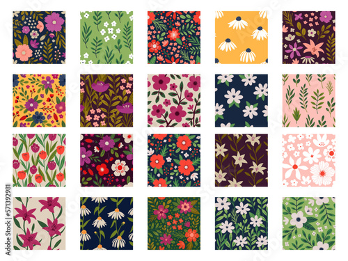 Aesthetic Contemporary printable seamless pattern with Spring botanical print design. Decorative chamomile, flowers and leaves. Pastel boho background for fabric, wallpaper or wrapping.