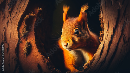 Curious red squirrel peeking behind the tree shot