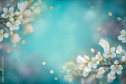  Beautiful and peaceful spring flower blossoms and blurred bokeh against a blue background.Image shot from top view, watercolor style AI Generated