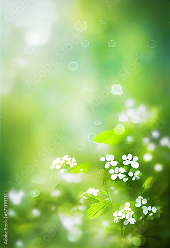 Sunny green spring background with small white flowers and bright bokeh, watercolor style AI Generated