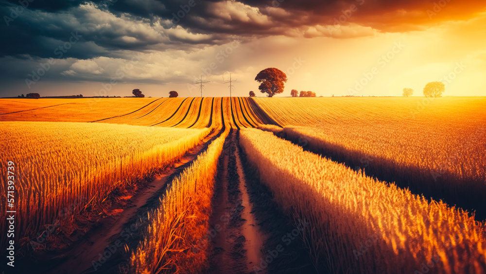 Fototapeta premium Spectacular scene of agricultural land in the sunset