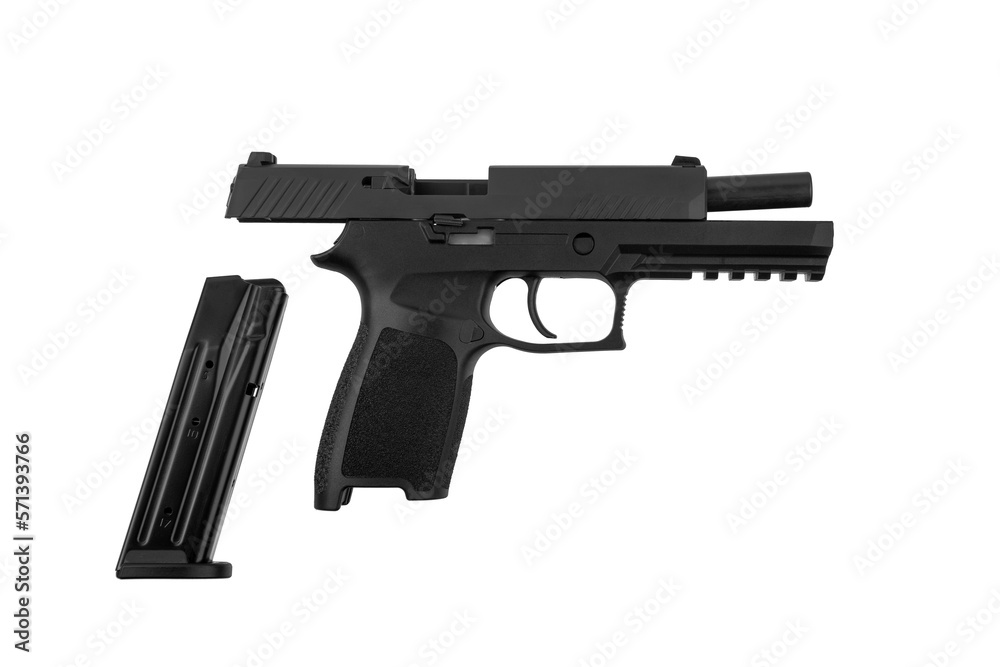 Modern semi-automatic pistol. A short-barreled weapon for self-defense. Arming the police, special units and the army. Isolate on a white back