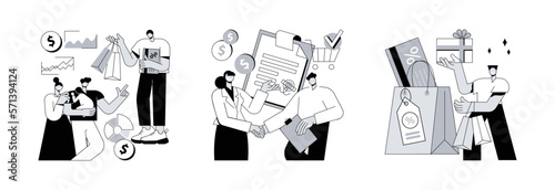 Marketing and promotion abstract concept vector illustration set. Consultative sales, purchase agreement, retail markdown, terms and conditions, product price, b2b selling, discount abstract metaphor.