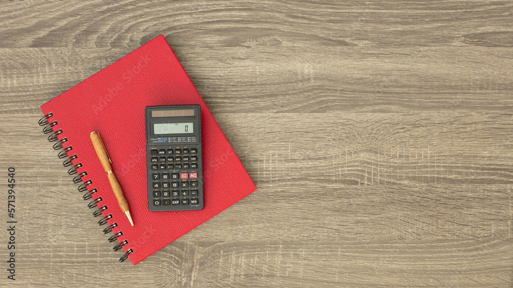 Calculator, pen and red notebook on table. Financial concept. Calculator, pen and red notebook on table. Financial concept.