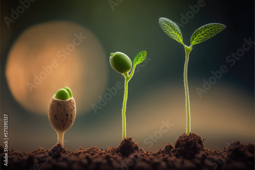 Three stages of plant growing in the ground, a macro photograph, naturalism, generative AI photo