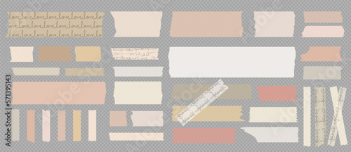 Washi tapes. Semi-transparent pieces of ribbons. Pink, warm colors of pieces of washi tape with torn edges. Set of adhesive scrapbooking ribbons isolated on a transparent background.
