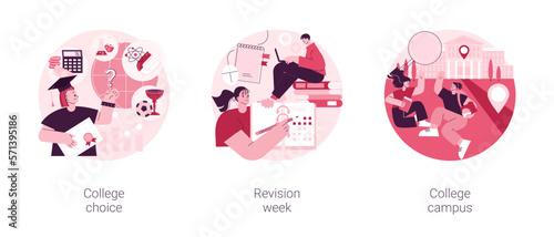 Career choice abstract concept vector illustration set. College choice, revision week, campus tour, career assessment test, timetables and planning, higher degree education abstract metaphor.
