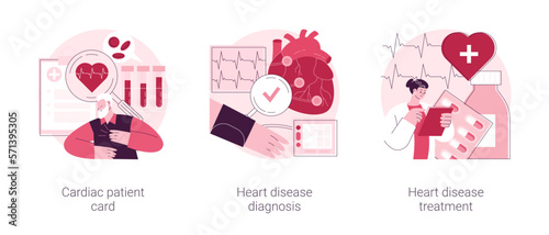 Heart attack abstract concept vector illustration set. Cardiac patient card, heart disease diagnosis and treatment, blood test, hospital care, heartbeat rate and chest pain abstract metaphor.