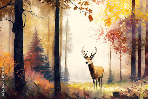 Digital watercolor painting European forest in autumn with trees and wildflowers with deer in a landscape - 6