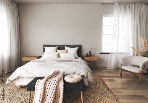 Scandinavian hamptons white bedroom interior design. Light wall mock up. Wooden farmhouse furniture and dry plants. 3d render. High quality 3d illustration photo