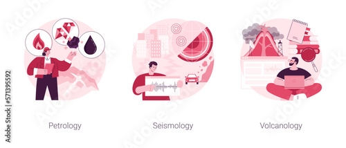 Geology science abstract concept vector illustration set. Petrology, seismology and volcanology, mineral, exploration, earthquake environmental effect, tectonic movement, Earth abstract metaphor.