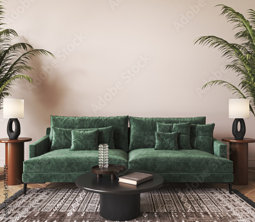 Home interior with light beige sofa, table and decor in boho scandi living room. Wall mock up. 3d render. High quality 3d illustration