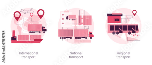 Global logistics abstract concept vector illustration set. International transport, national and regional transport, air cargo, container sheep, car driver, ticket office abstract metaphor. photo