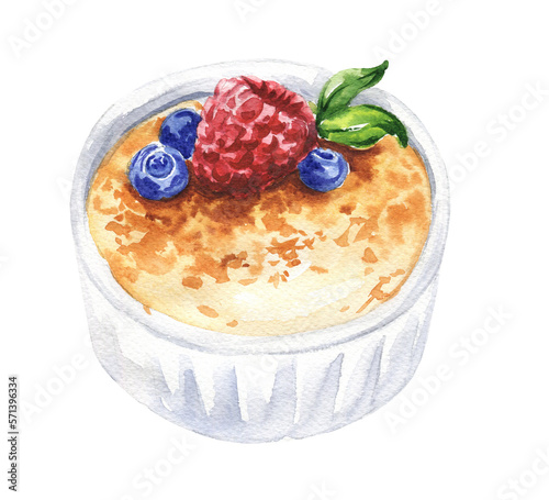 Fotografie Watercolour crème brûlée french dessert. Food illustration.
