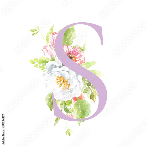 Watercolor lilac, Rose, pink floral alphabet. Spring flowers letter S monogram initials illustration. Botanical, rose peony bouquet, green, garden decor. Spring wedding stationery greeting card, rsvp