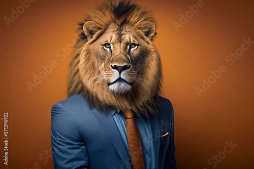 Obraz na plátně Studio photo portrait of a lion in business clothes like a boss, concept of Busi
