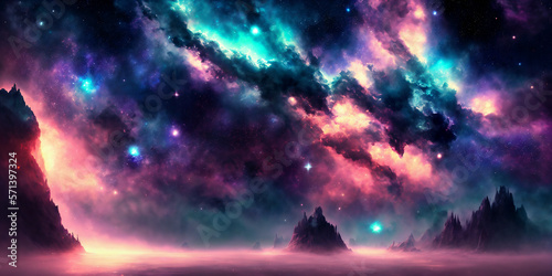 Colorful Science Fiction landscape background with stars. Generative AI © Kai Köpke