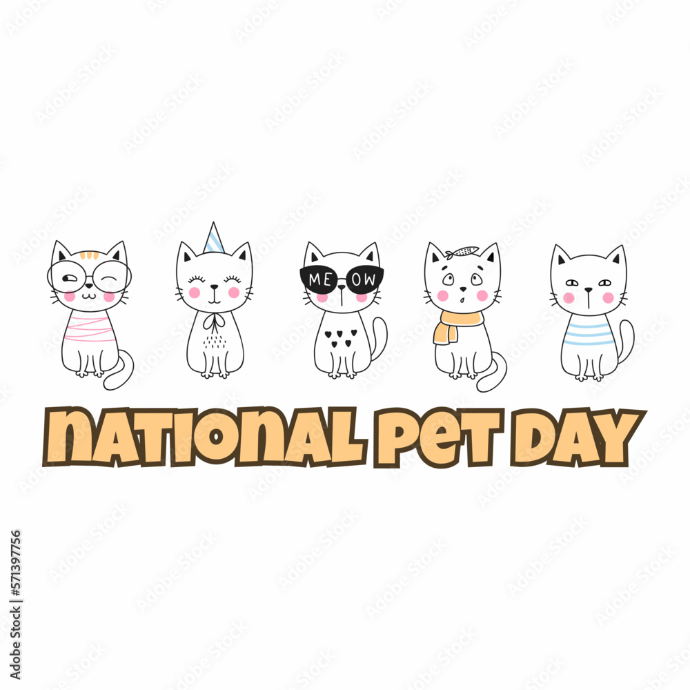 National Pet Day. Cute kittens in doodle style. Logo for web banner. Animal festival.