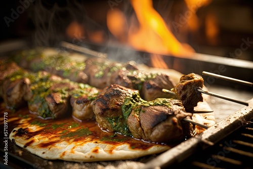 Lamb tikka kebabs from India frying on a heated griddle. Shallow depth of field; center of attention. Generative AI photo