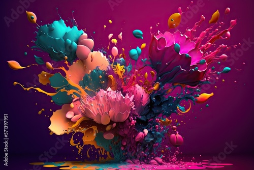 Multicolored flying flowers explode with water splashes on magenta background, concept of Vibrant and Movement, created with Generative AI technology