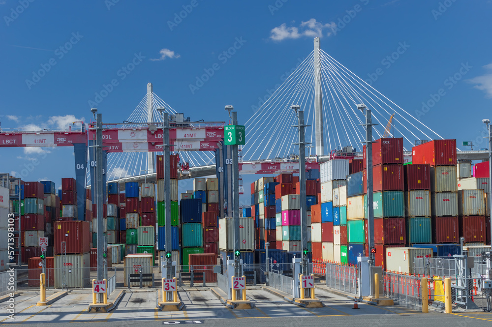Port of Long Beach, California, United States: LBCT, Long Beach Container  Terminal, with the Gerald Desmond Bridge shown in the background on  February 12, 2023. Photos | Adobe Stock