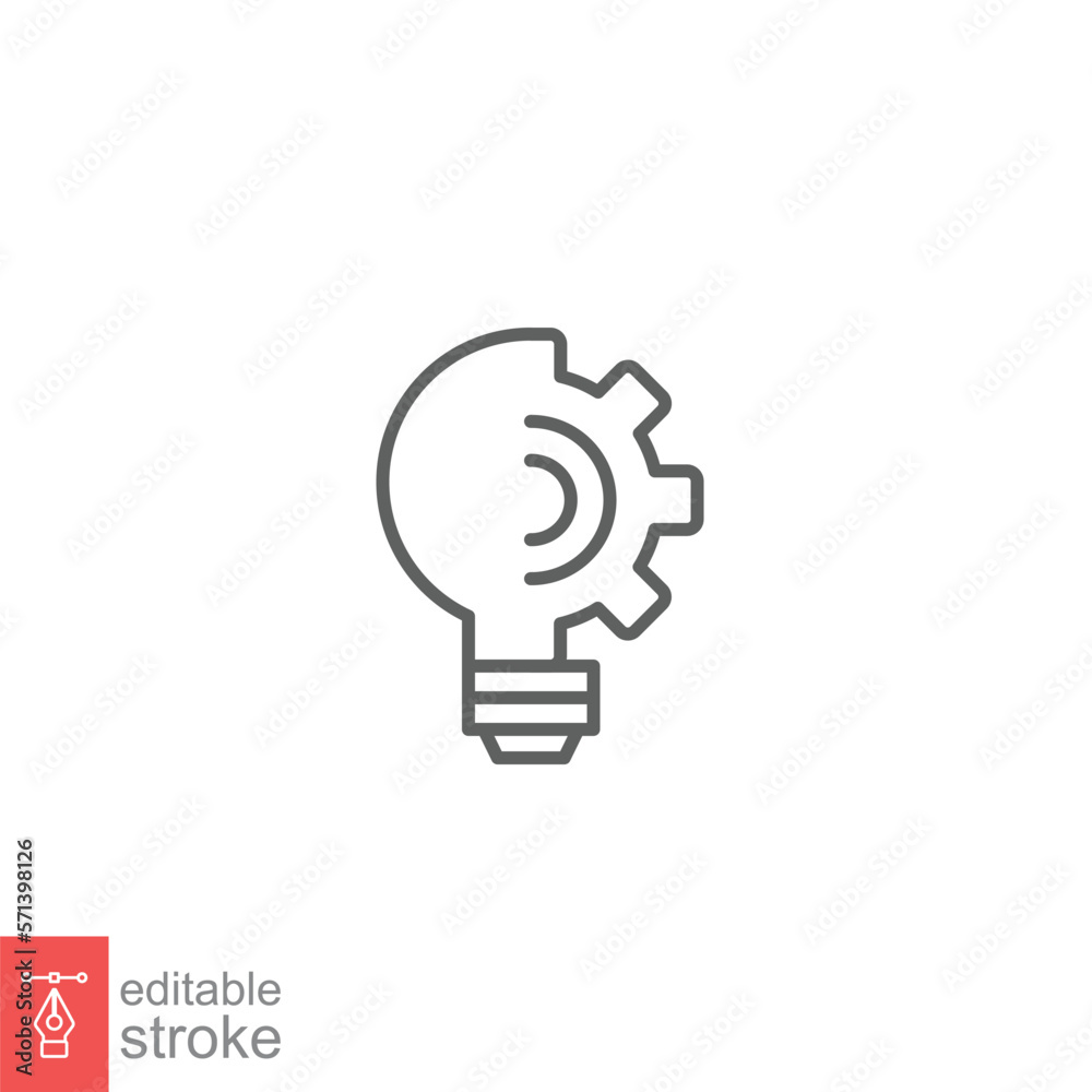 Light bulb line icon. Simple outline style. Idea with gear wheel machine, creative, lightbulb symbol, inspiration concept. Vector illustration isolated on white background. Editable stroke EPS 10. Light bulb line icon. Simple outline style. Idea with gear wheel machine, creative, lightbulb symbol, inspiration concept. Vector illustration isolated on white background. Editable stroke EPS 10.