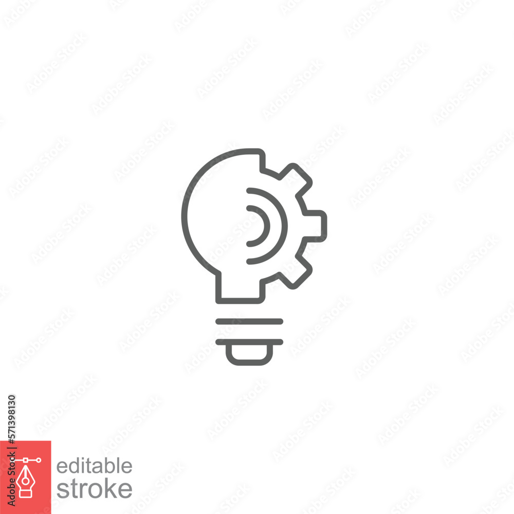 Light bulb line icon. Simple outline style. Idea with gear wheel machine, creative, lightbulb symbol, inspiration concept. Vector illustration isolated on white background. Editable stroke EPS 10. Light bulb line icon. Simple outline style. Idea with gear wheel machine, creative, lightbulb symbol, inspiration concept. Vector illustration isolated on white background. Editable stroke EPS 10.