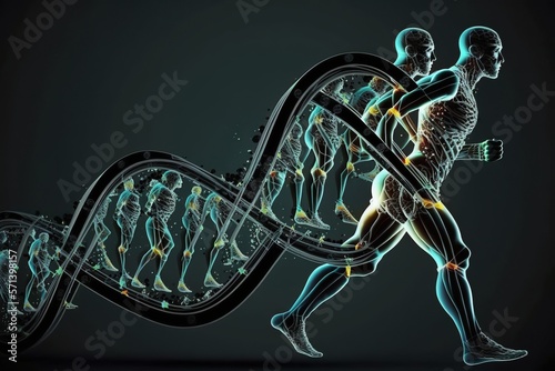 DNA helixes people run a hundred meters, concept of GMO, sport science, Molecular Biology and Genome Mapping, created with Generative AI technology photo