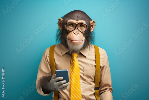 Studio photo portrait of a happy monkey holding a phone, created with Generative AI technology photo