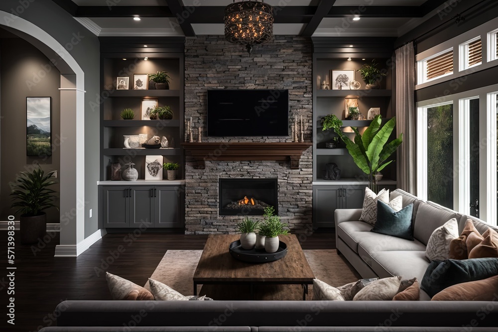 Living room interior in gray and brown colors features gray sofa