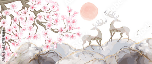 Art wallpaper with deer in the mountains, tree branches sakura flowers. Modern creative design alcohol ink texture for home decor, banners, and prints. Vector illustration.