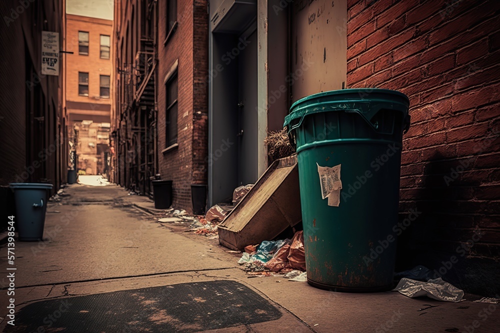 Overflowing trash can in city alleyway, concept of Urban Pollution and