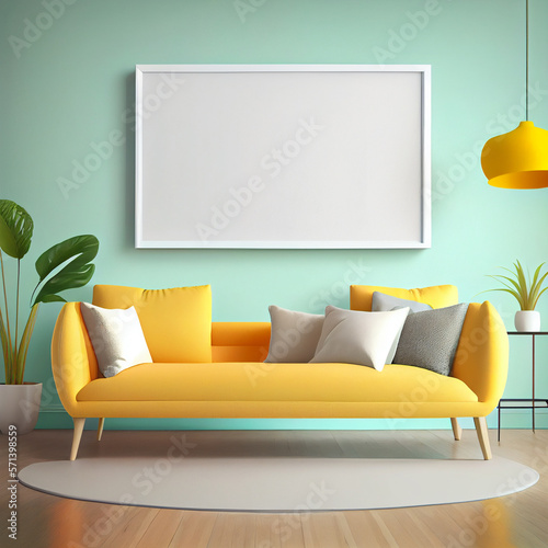 Frame mockup in living room. Wall art framed canvas poster mockup. Generative AI