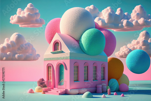 a pink house surrounded by colorful balls and clouds, pop surrealism, generative AI photo