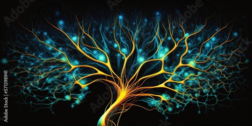 Vibrant abstract illustration of human nervous system showing the flow of signals and communication, concept of Neural Network and Synaptic Transmission, created with Generative AI technology