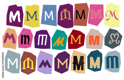 Alphabet M - vector cut newspaper and magazine letters, paper style ransom note letter