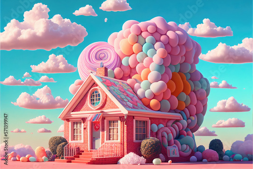 A pink house surrounded by balloons and clouds, vray, behance hd, generative AI 