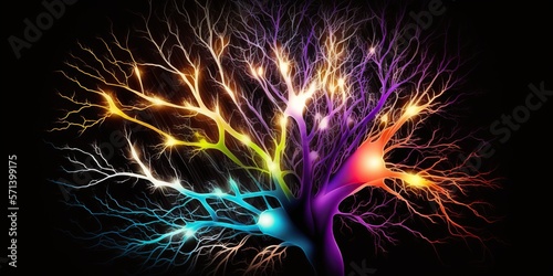 Abstract representation of colorful neurons connecting and firing in brain, concept of Neural Network and Synaptic Transmission, created with Generative AI technology