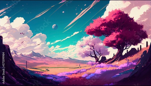 beautiful landscape in spring season with the mountain in anime style geneartive ai 